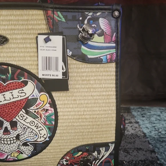 Ed Hardy Multicolor Straw-Front Tote with Skull Heart Graphic - Picture 4 of 7
